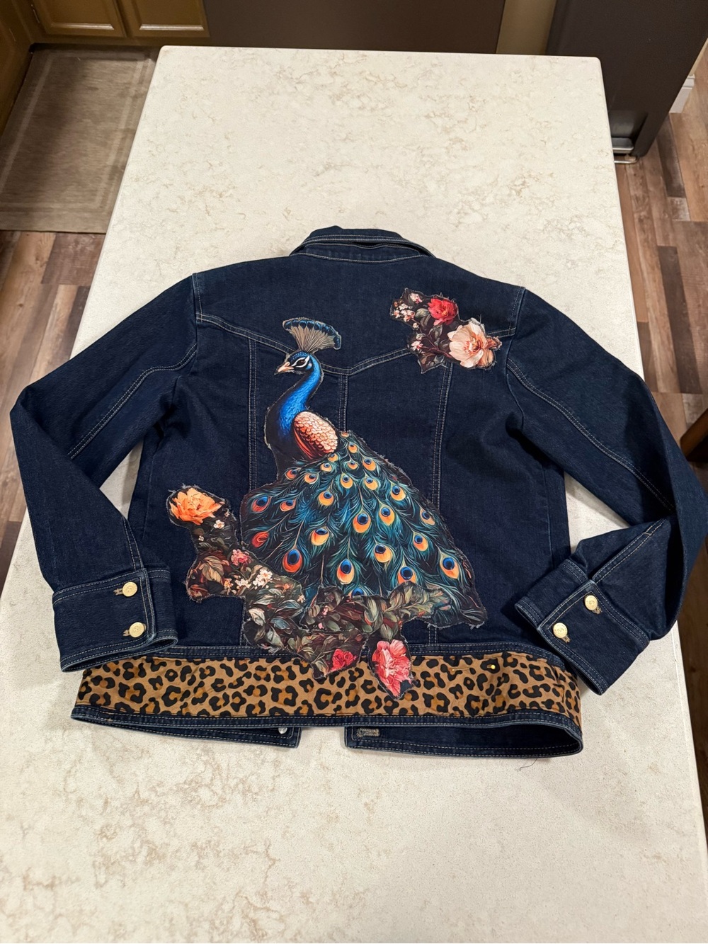 UpCycled Dark Denim Women’s Jacket with Embroidered Peacock & Floral Motif